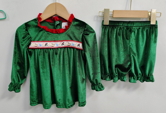 Velvet Christmas Ribbon Girls Bloomers Set